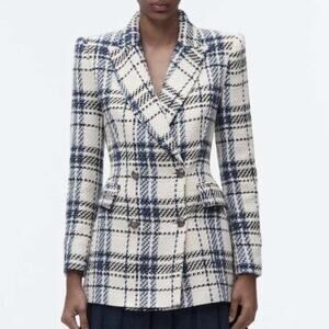NWT Zara Blogger Blue White Double Breasted Textured Blazer Jacket.